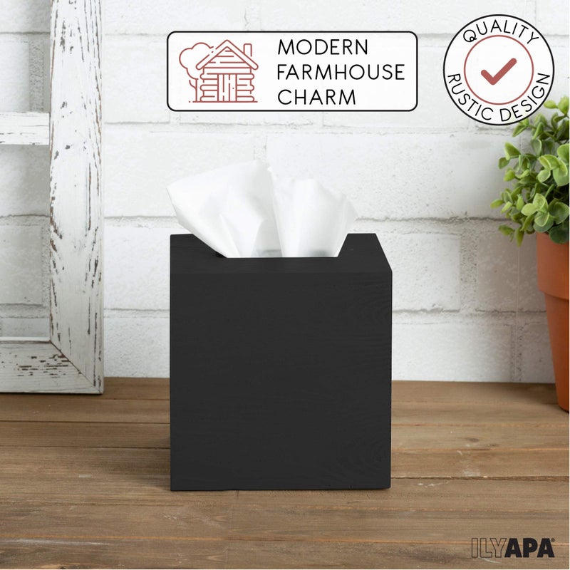 Ilyapa Wood Tissue Box Cover Square - Rustic Farmhouse Black Wooden Tissue Holder - Image 3